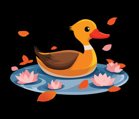 Charming Duck Illustration Floating on the Water with Water Lilies, A Tranquil and Scenic Nature Scene
