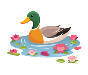Beautiful Duck Illustration Floating on a Pond with Water Lilies, A Peaceful and Scenic Nature Scene