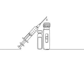 Minimalist line art showing vaccine vials with syringe for medical, pharmaceutical, and healthcare concepts