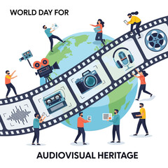 Modern flat vector poster of a giant film strip wrapping around a globe, with people watching, recording, and archiving audiovisual media, World Day for Audiovisual Heritage theme