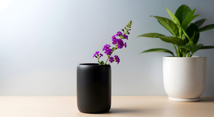 Still life of purple flower in vase and houseplant on table indoor