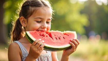 Child enjoying watermelon outdoors