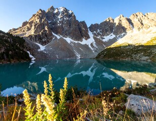 Obraz premium Mountain lake reflecting a vibrant sunrise