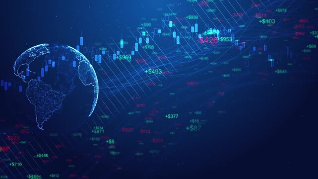 Rotating globe created from digital particles data visualization financial charts. Animated stock numbers across futuristic blue waves trading, cryptocurrency, economy, fintech, investment dynamics.