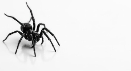 Black spider with long legs centered left against a bright white background