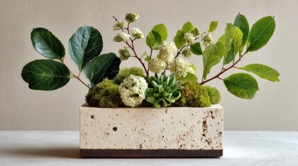 Light beige rectangular planter with greenery and small white flowers