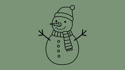 Minimal line vector of a snowman with carrot nose, scarf, and hat, cheerful winter character in outline style