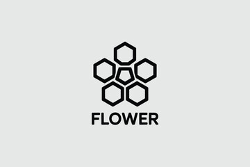 A stylized flower design composed of hexagons and a pentagon in the center on a light gray background