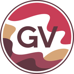 A circular emblem featuring the letters gv in a bold font surrounded by abstract shapes and colors