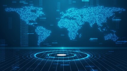 Dynamic futuristic HUD round interface digital scanning glitch dotted world map, glowing blue data visuals, high-tech motion graphics, cyber grid background, for technology presentations sci-fi themes - Powered by Adobe