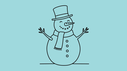 Minimal line vector of a snowman with carrot nose, scarf, and hat, cheerful winter character in outline style