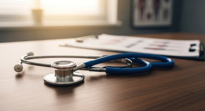 Blue stethoscope and clipboard with charts on a wood desk, soft light