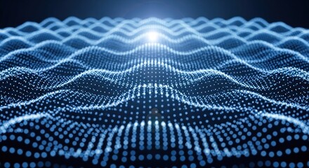 Blue dot matrix forms undulating waves beneath bright light