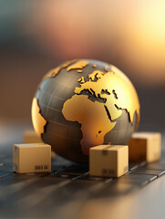 A stylized globe highlights Africa, surrounded by cardboard boxes, symbolizing global shipping and logistics.