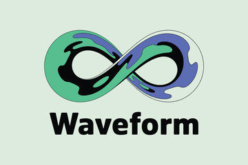 A stylized infinity symbol with green, blue, and black fills, positioned above the word waveform
