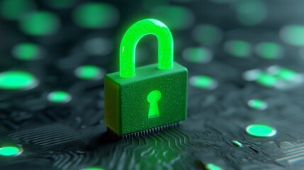 A glowing green padlock sits on a dark circuit board, symbolizing security and digital protection amidst tech elements.