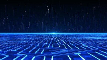 Dynamic video footage glowing blue light trails moving upward over digital floor grid circuit, futuristic flow of data, cyber network, artificial intelligence, technology communication system - Powered by Adobe