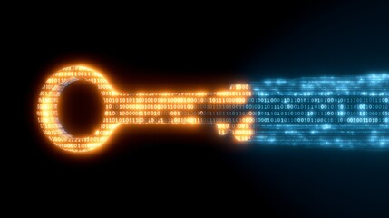 A glowing key made of binary code symbolizes digital security and access, merging technology with traditional concepts of unlocking and protection.