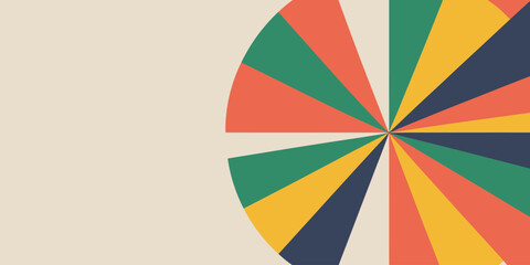 A partial circle graphic with radiating segments in green, orange, yellow, and navy on beige background