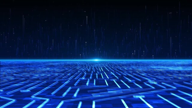 Dynamic video footage glowing blue light trails moving upward over digital floor grid circuit, futuristic flow of data, cyber network, artificial intelligence, technology communication system