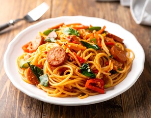 Delicious spaghetti with sausage, tomatoes, pepper and basil on wooden table