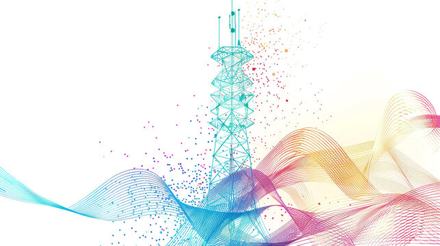 Modern telecom tower with glowing digital signals, World Telecommunication Day May 17 theme, flat vector style, clean white background, futuristic minimalism
