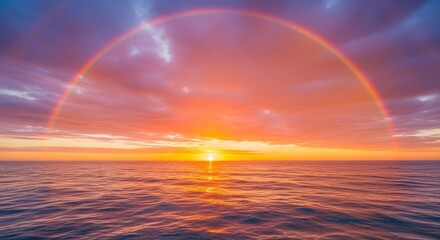 Vibrant rainbow arches over the ocean during a colorful sunset creating a serene seascape view