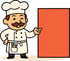 Smiling cartoon chef pointing a finger, a professional and confident character illustration, isolated vector on a white background.