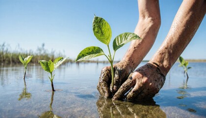 Mud-covered hands planting a vibrant green seedling in water – a symbol of growth and environmental restoration