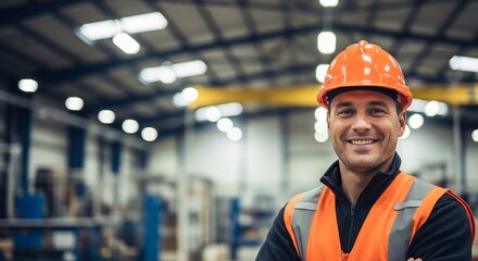 Smiling construction worker wearing a hard hat and safety vest in a factory setting environment
