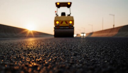 Yellow road roller compacting fresh asphalt on a new highway at sunset, symbolizing infrastructure development and progress.