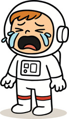 Crying cartoon astronaut with tears streaming down his face, a sad space character illustration isolated on a white background.
