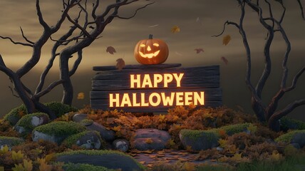 Spooky halloween scene with glowing jack o lantern and happy halloween sign in a forest