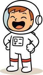 Happy cartoon astronaut with a wide smile, a confident space character illustration with hands on hips, isolated vector on white.