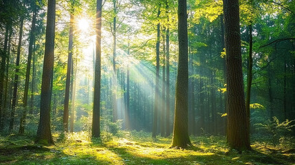 Obraz premium Sunlit Forest with Golden Rays. Peaceful Nature Scene in Lush Greenery