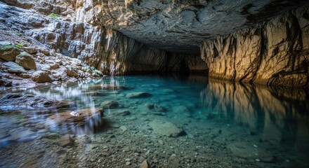 Fototapeta premium Clear, turquoise water in a rocky cave, reflections on surface