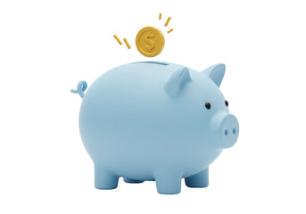 Isolated light blue piggy bank with golden dollar coin, money savings symbol concept © Eoin