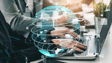 A business professional interacts with a laptop while a digital globe overlay illustrates global connectivity and innovation in technology-driven environments. Xenic - Powered by Adobe