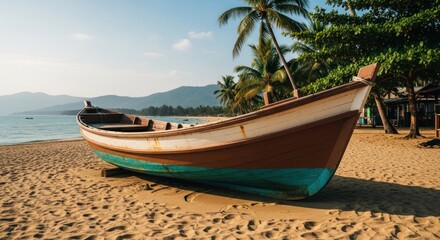 Obraz premium Colorful boat resting on sunlit sandy beach with palm trees and distant hills
