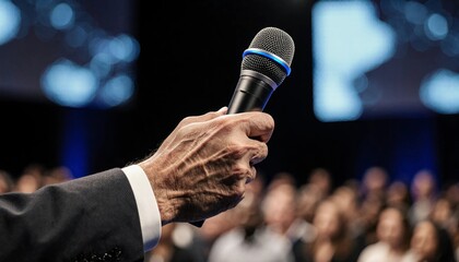 A male hand holding a microphone on stage, symbolizing powerful public speaking and effective communication at a conference.