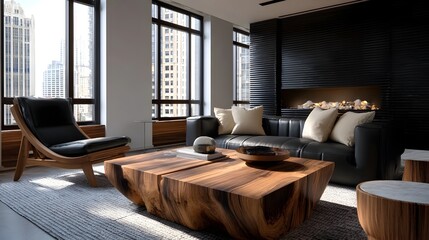 Elegant modern apartment interior with city skyline view.