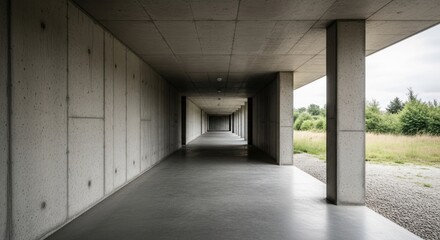 Concrete hallway with columns, leading toward trees and clouded sky