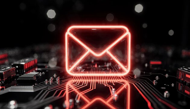 Glowing neon envelope symbol on a futuristic circuit board representing digital communication and data security. - Powered by Adobe