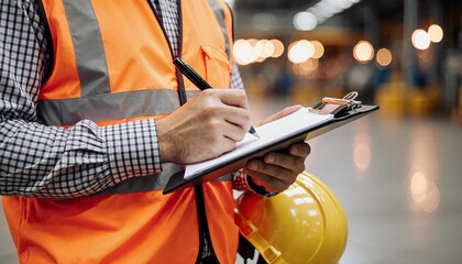 Worker in orange safety vest writing on a clipboard, conducting a safety inspection in an industrial facility.