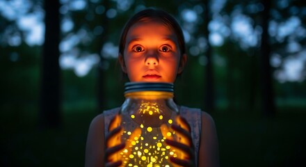 Enchanted Child with Glowing Jar Capturing the Magic of Fireflies
