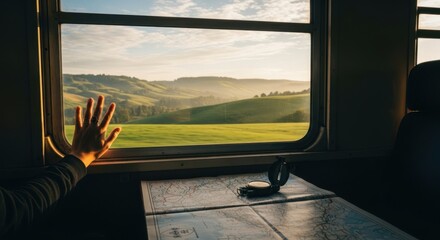 Obraz premium A hand against a train window looking out at green hills and fields with a compass on a map table