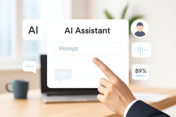 A hand points to a digital prompt interface of an AI assistant, highlighting user interaction and technology.
