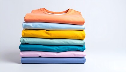 Stack of folded colorful t-shirts mockup, isolated, realistic
