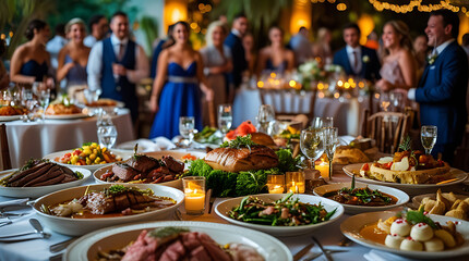 Wide banquet scene showcasing a colorful spread and guests mingling, 4K and HD image