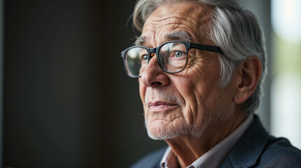 Obraz premium Portrait of an elderly man close-up, over 75 years old, wearing modern glasses